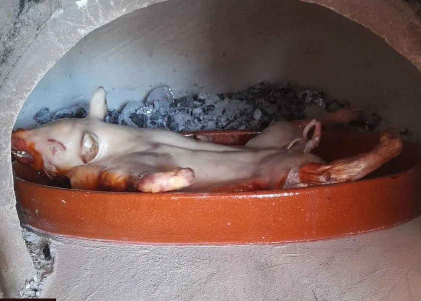 Cerdo en asador de barro y horneándose en el horno de leña